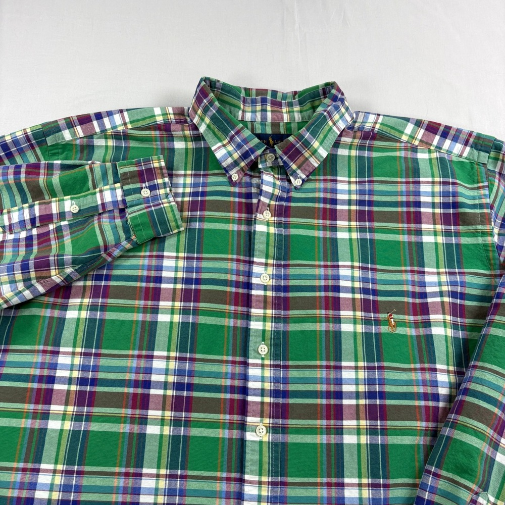 Polo Ralph Lauren Shirt Mens 3XLT Tall Green Plaid Button Up Flesh Pony Preppy